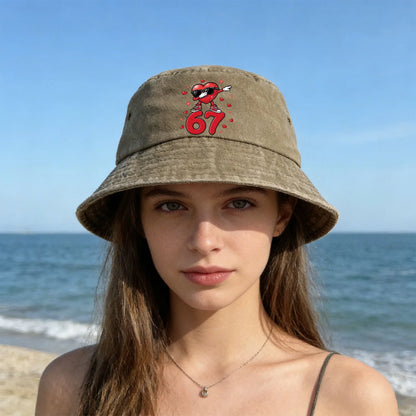 A Washed Denim Bucket Hat With A Sunglasses Heart Number