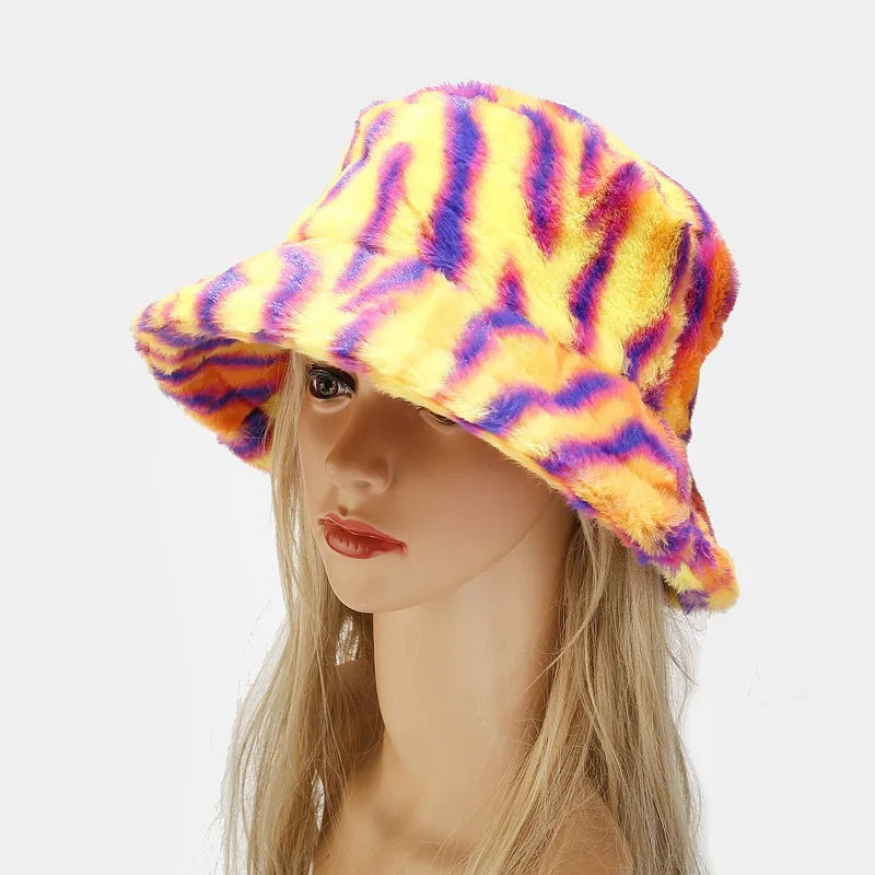 Winter Zebra Pattern Faux Fur Fluffy Bucket Hat