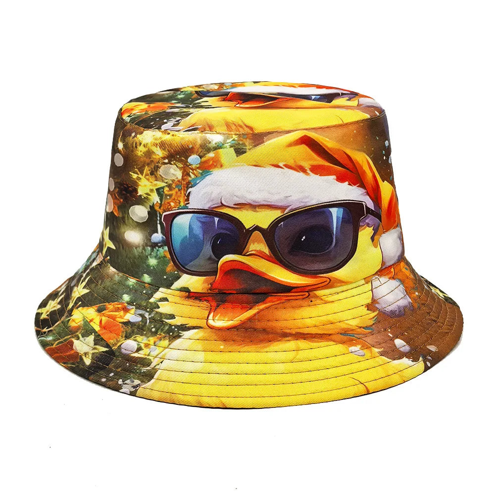 Double-sided Yellow Duck Print Pattern Panama Summer Sunscreen Fisherman Cap Bucket Hat