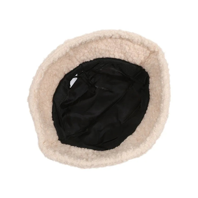 Winter Girl Boy Bucket Hat Cute Lamb Wool Letter Fisherman