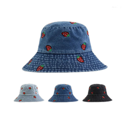 Spring Summer Strawberry Embroidery Denim Jeans Bucket Hat For Men Women