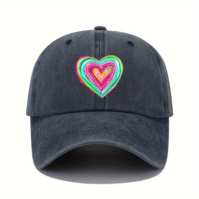 Vintage Baseball Cap With Vibrant Heart-Shaped Print