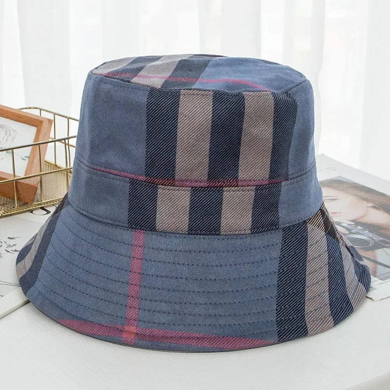 Women Bucket Hats Foldable Plaid Pattern Sun Hats Japanese Casual Winter Warm