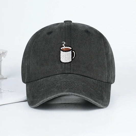 Embroidered Coffee Cup Print Washed Baseball Cap