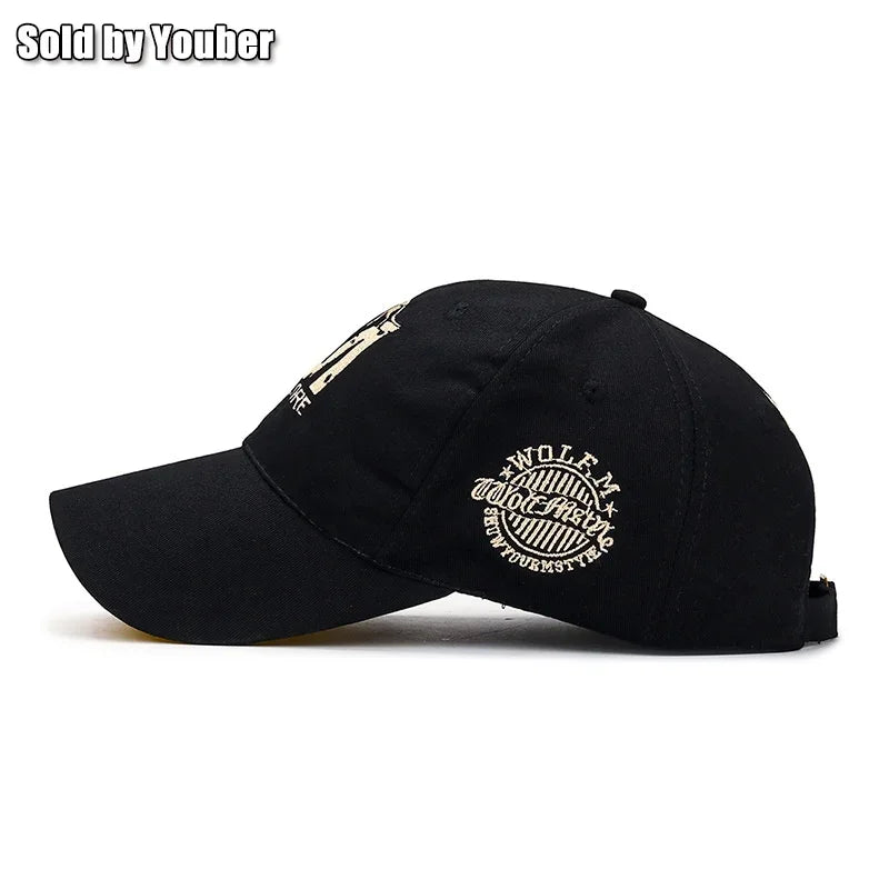 M letter Wolf Totem Embroidery Cotton Adjustable Hard Top Baseball Cap