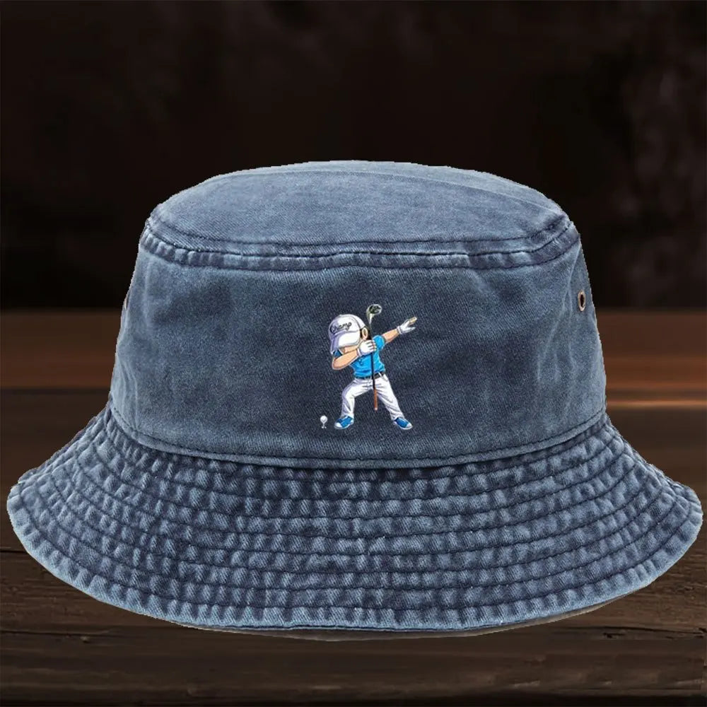 A Limited Edition Washed Bucket Hat Featuring a Cartoon Golf Figure Print Design