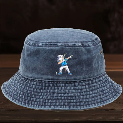 A Limited Edition Washed Bucket Hat Featuring a Cartoon Golf Figure Print Design