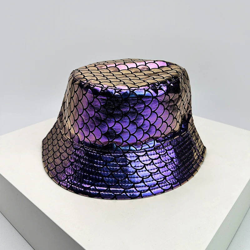 Shiny PU Leather Colorful Bucket Hats Sunshade New Unisex Fisherman Caps