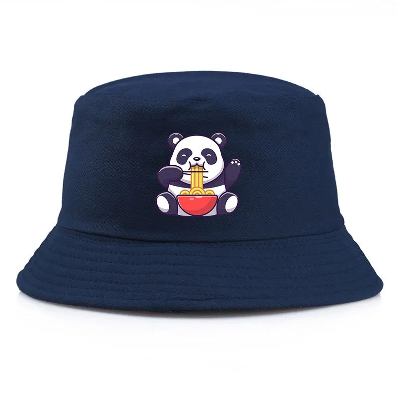 Panda Eating Noodles Pattern Reversible Bucket Hat