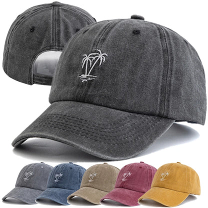 New Unisex Washed Cotton Cap Coconut Tree Embroidery Vintage Baseball Cap