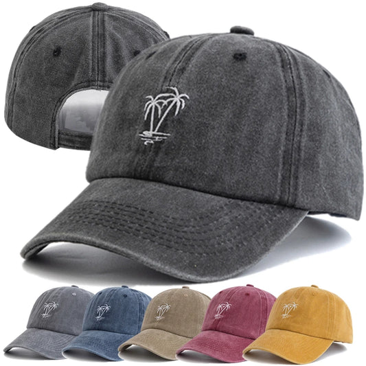 New Unisex Washed Cotton Cap Coconut Tree Embroidery Vintage Baseball Cap