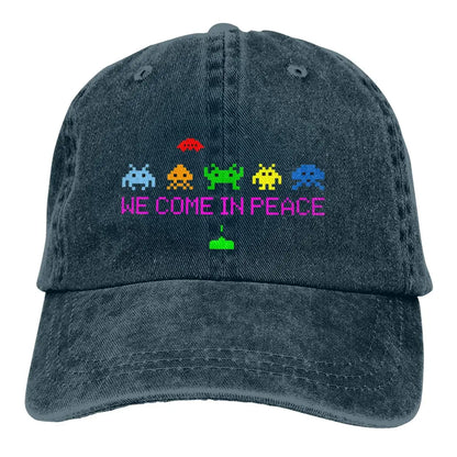 Space Invaders Arcade Shooter Game We Come In Peace Baseball Caps