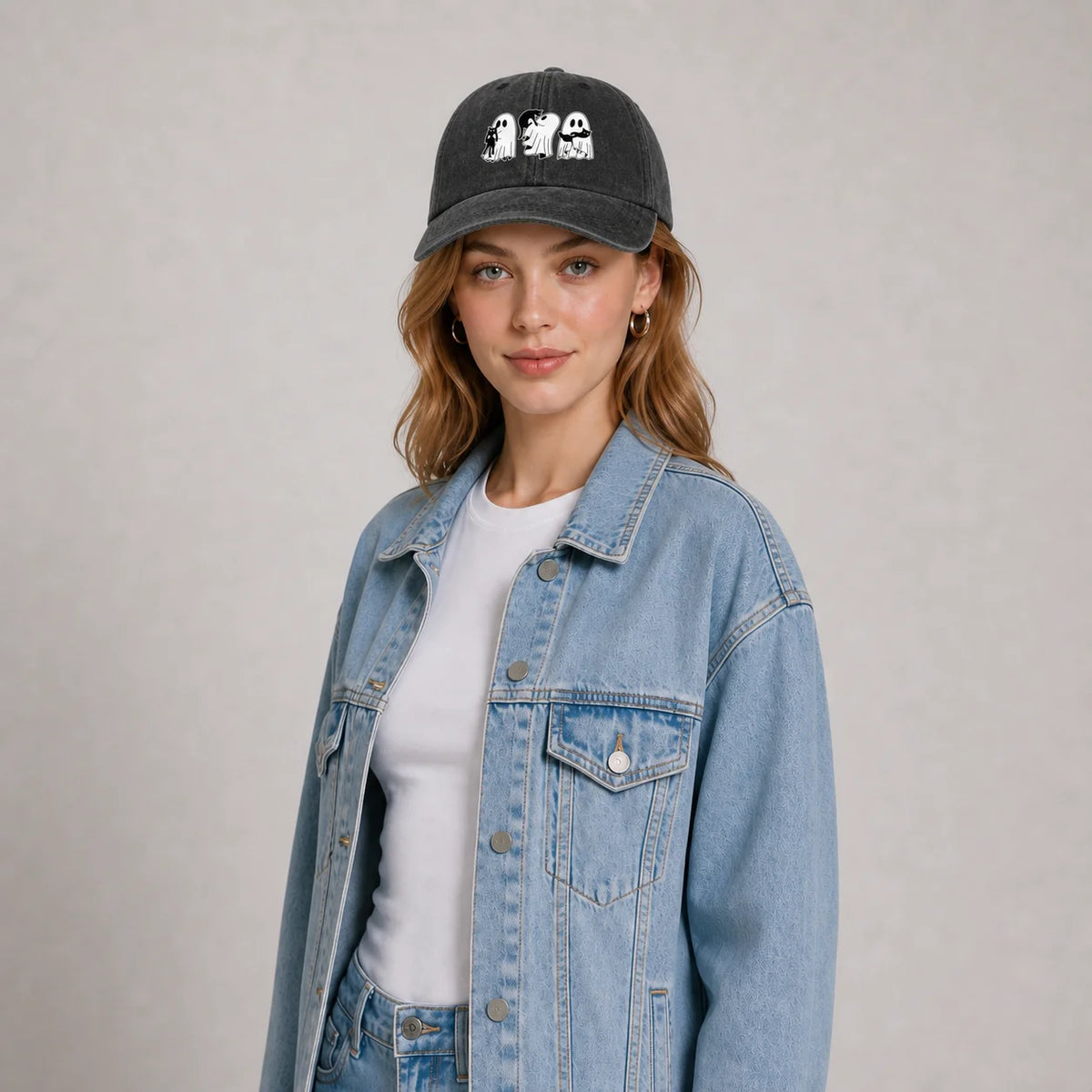 Vintage Washed Ghosts Holding Black Cats Graphic Baseball Cap