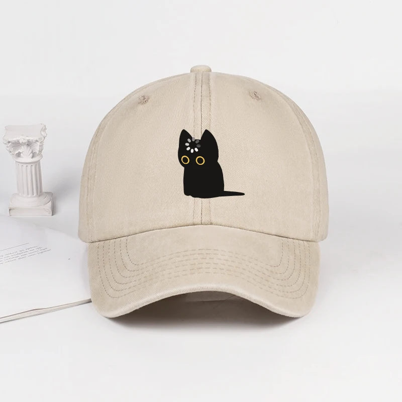 Cute Black Cat Print Washed Baseball Cap