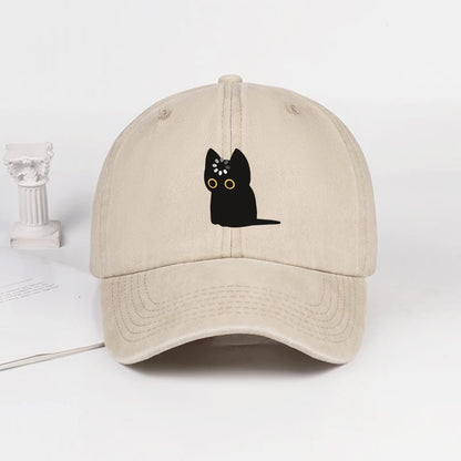 Cute Black Cat Print Washed Baseball Cap
