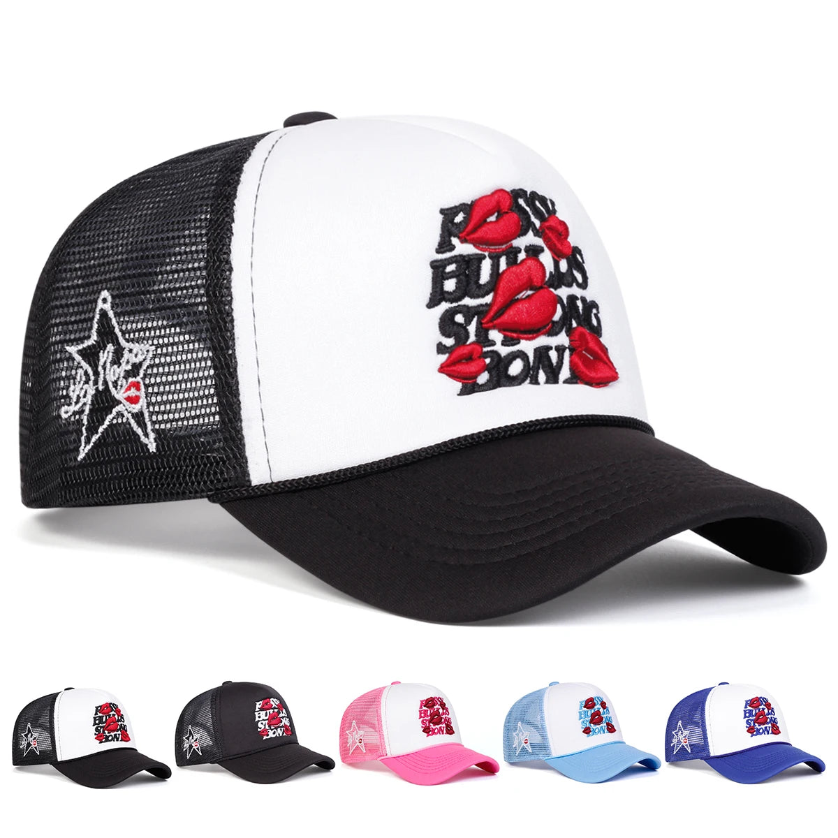 Unisex Letter Lips Embroidery Side Pentagram Baseball Caps