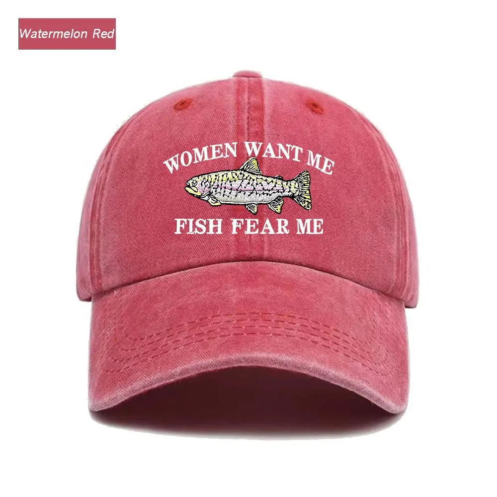 Women Want Me Fish Fear Me Washed Baseball Cap