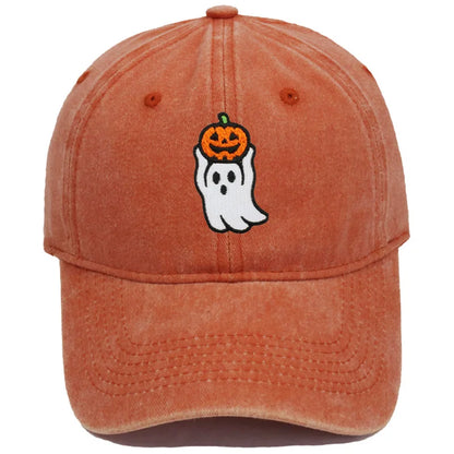 Vintage Washed Cute Ghost Holding Pumpkin Embroidery Baseball Cap