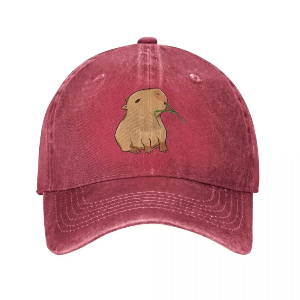 Vintage Capybara with A Leaf Eat Your Greens Baseball Caps