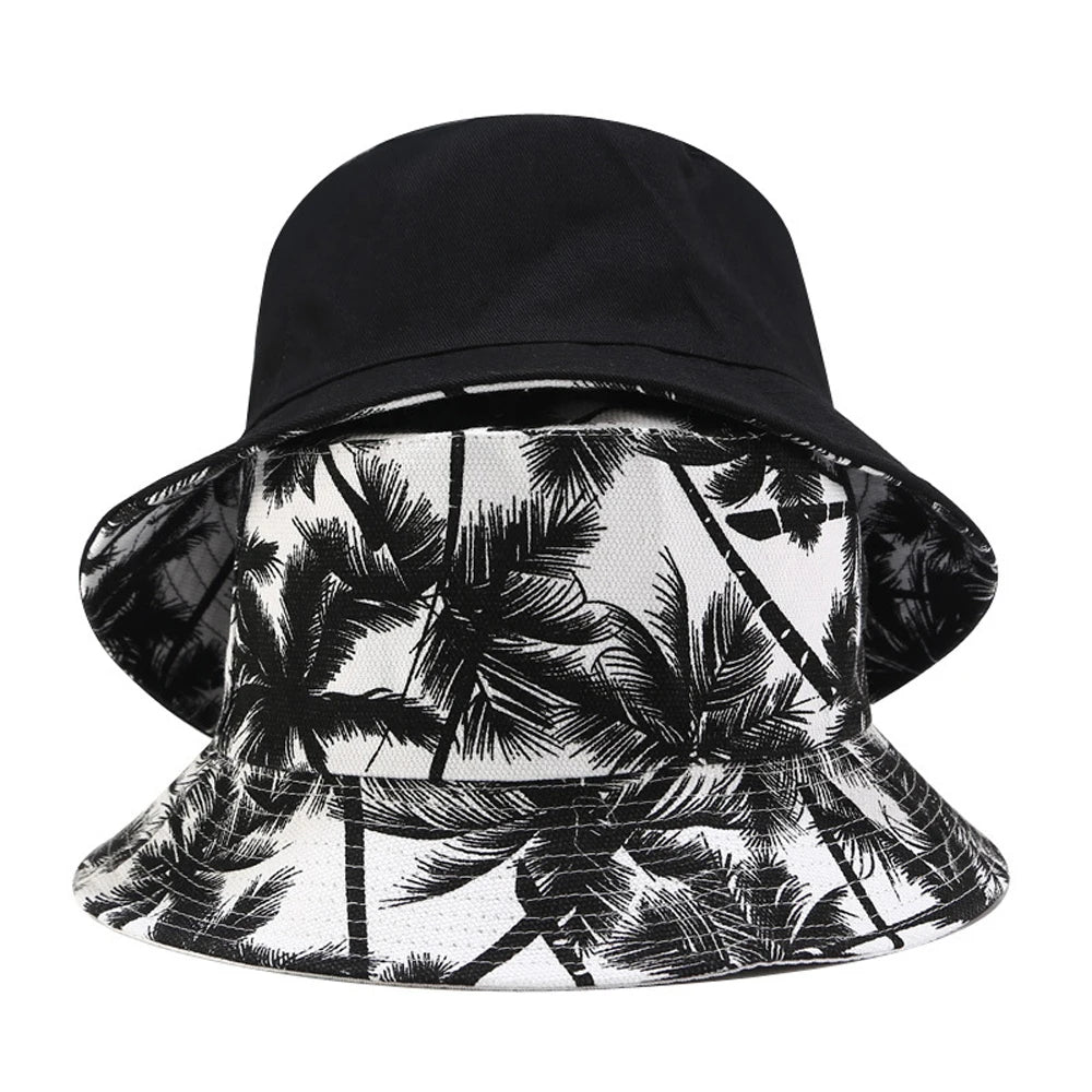 Reversible Coconut Tree Printed Black White Fisherman Bucket Hats