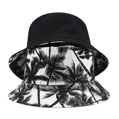 Reversible Coconut Tree Printed Black White Fisherman Bucket Hats