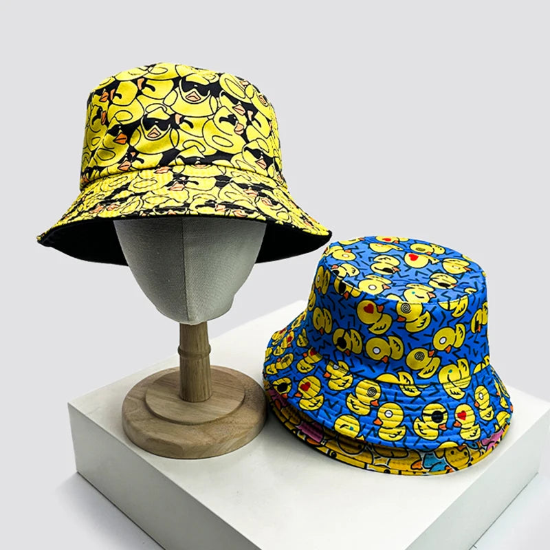 Print Yellow Duck Bucket Hats Sunshade Double Sided Wearable New Unisex Fashion
