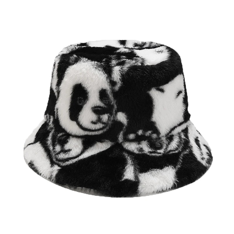 Panda Print Faux Fur Bucket Hat Winter Cap For Women Men