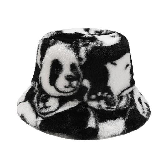 Panda Print Faux Fur Bucket Hat Winter Cap For Women Men