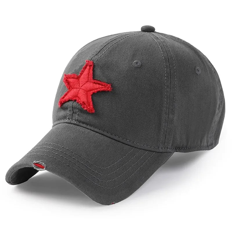 Vintage Distressed Baseball Cap with Red Star Embroidered Patch Ladies Cotton