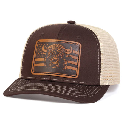 Unisex Brown Flag Bull Head Leather Label Baseball Net Caps