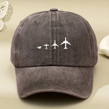 Retro Airplane Print Washed Baseball Cap For Both Men And Women