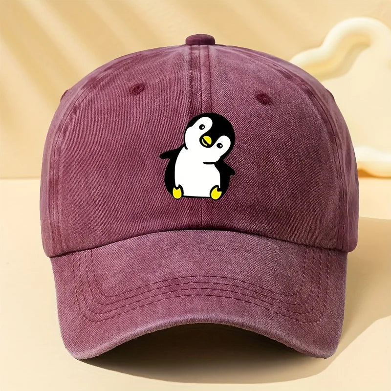 Retro Washed Penguin Cartoon Printed Baseball Cap