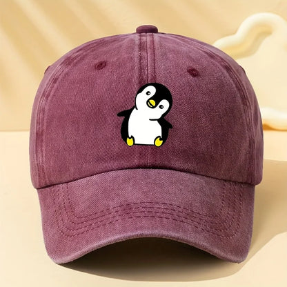 Retro Washed Penguin Cartoon Printed Baseball Cap
