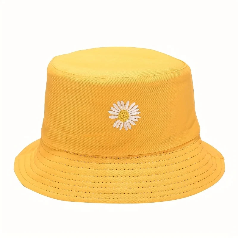 Unisex Daisy Print Bucket Hat - Black/Yellow Reversible Sun Hat