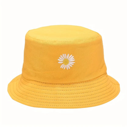 Unisex Daisy Print Bucket Hat - Black/Yellow Reversible Sun Hat