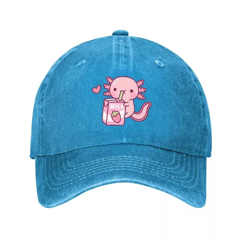 Cute Axolotl Drinking Milk Washed Denim Baseball Cap