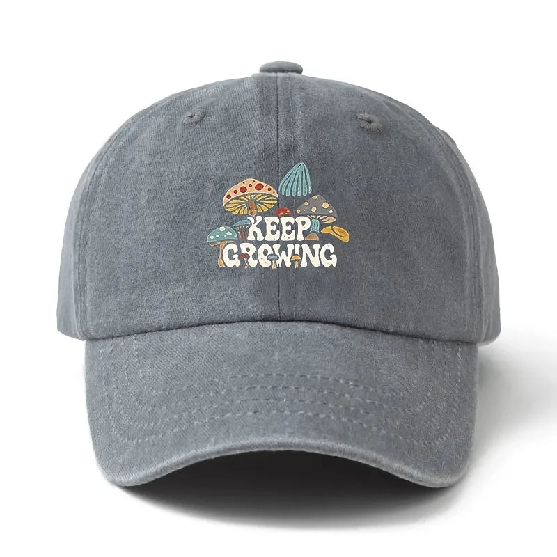 Baseball Cap With "KEEP GROWING" Text And Mushroom Pattern