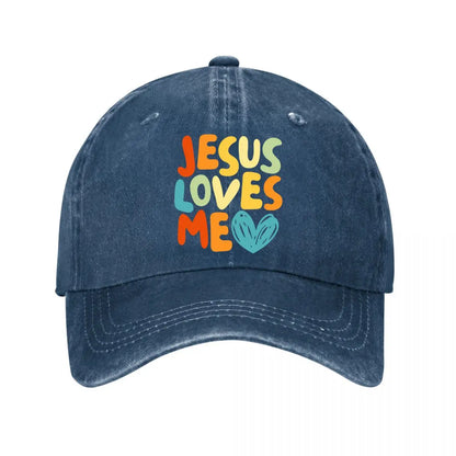 Jesus Loves Me Colorful Typography Heart Washed Baseball Cap