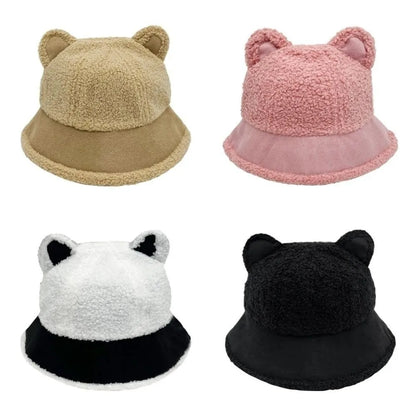 Korean Style Fuzzy Winter Bucket Hat Windproof Fluffy Plush Warm Hats