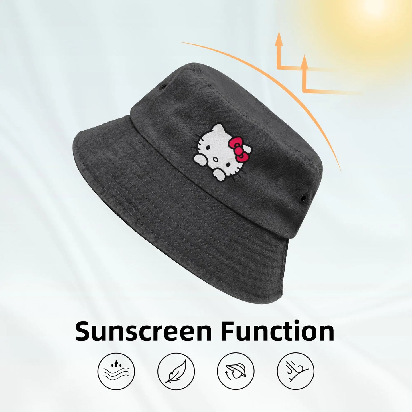 Men Women Washed Denim Bucket Hat Hello Kitty Summer Travel Headwear Packable
