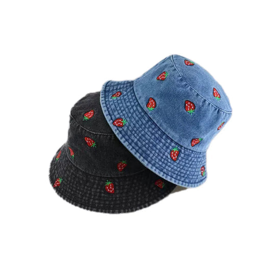 Spring Summer Strawberry Embroidery Denim Jeans Bucket Hat For Men Women