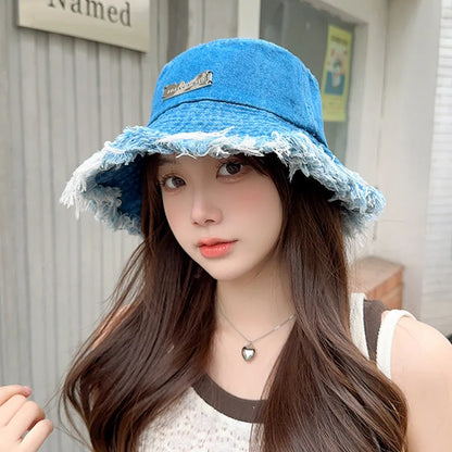 New Summer Washed Denim Blue Bucket Hat