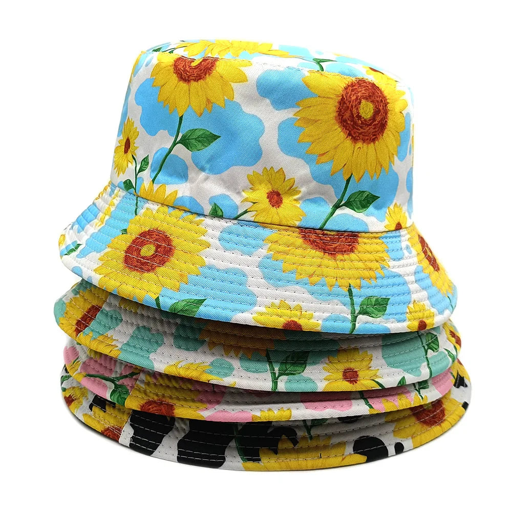 Women's Reversible Cow Print Sunflower Flower Print Bucket Hat