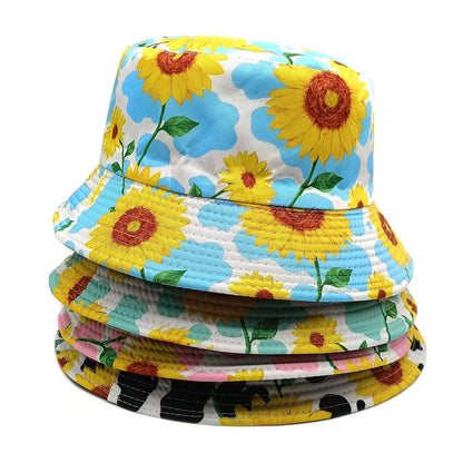 Women's Reversible Cow Print Sunflower Flower Print Bucket Hat