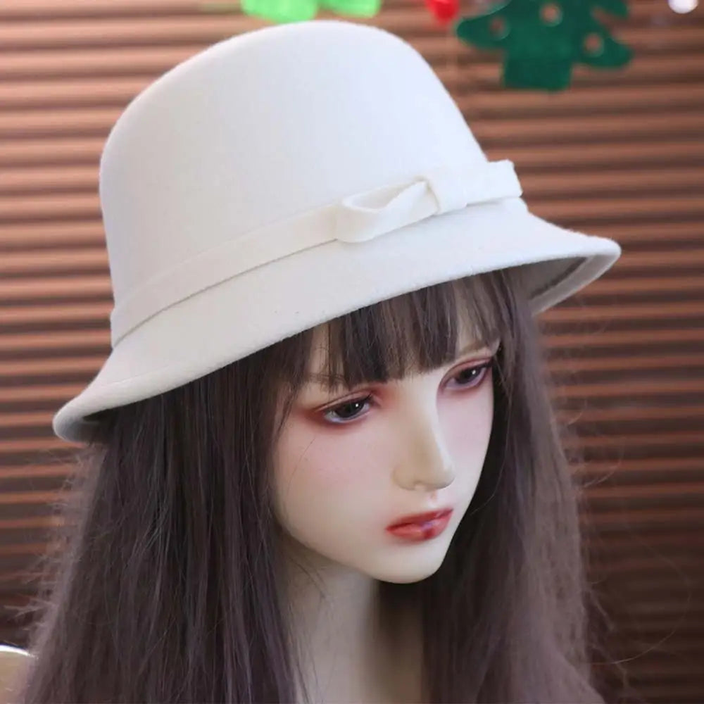 Trendy French Style Bow Tweed Hat Autumn Winter Hepburn Women's Bow Hat Bucket Cap