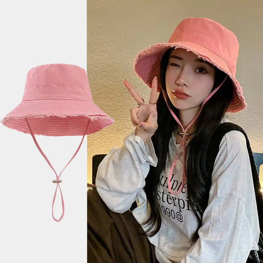 Summer Fisherman Cap for Women Korean Pink Large-Brimmed Bucket Hat