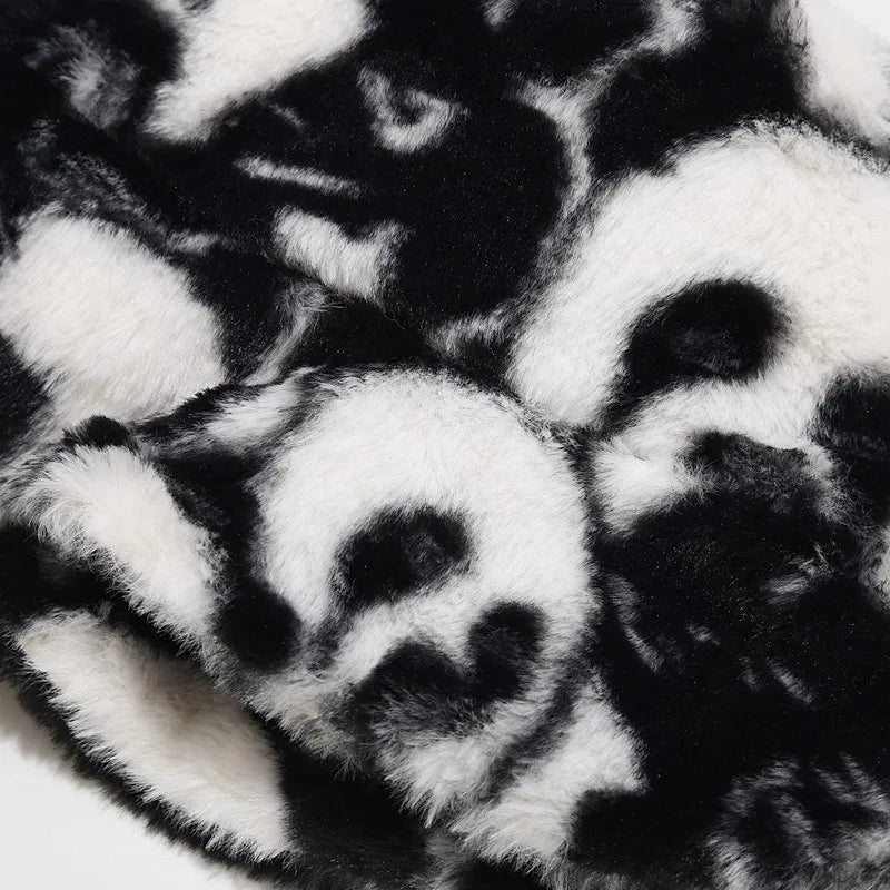 Panda Print Faux Fur Bucket Hat Winter Cap For Women Men