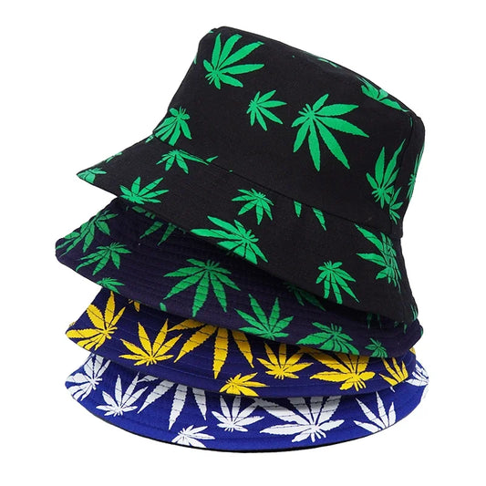 Summer Autumn Sun Bucket Hats Women Men Weed Print Hat