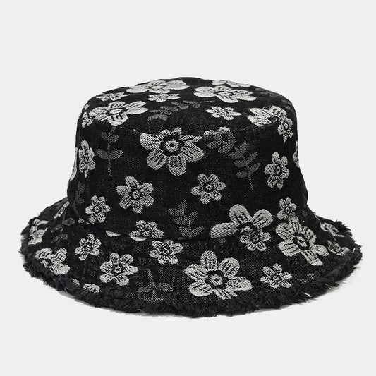 Four Seasons Denim Cartoon Flower Embroidery Bucket Hat