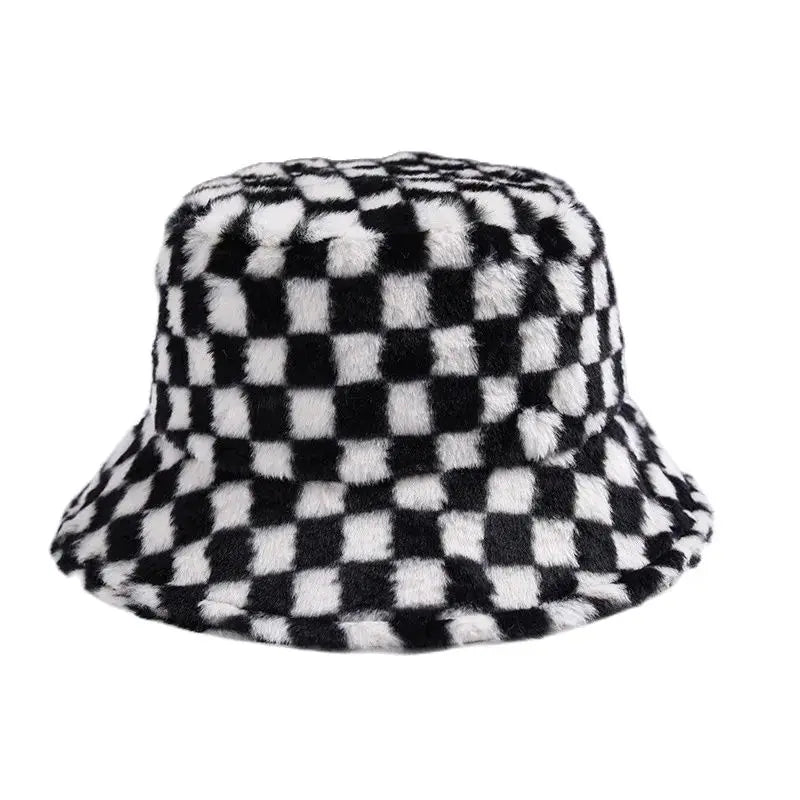 Ins Checkerboard Hat Women's Korean Version Plush Pink Bucket Hat